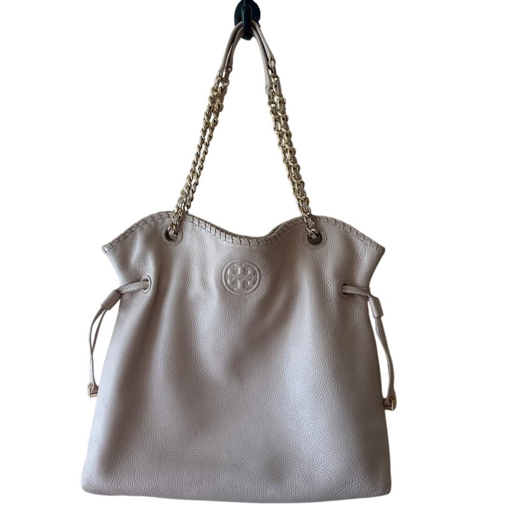 Tory Burch Marion Slouchy Tote Light Oak Pebbled Leather Chain